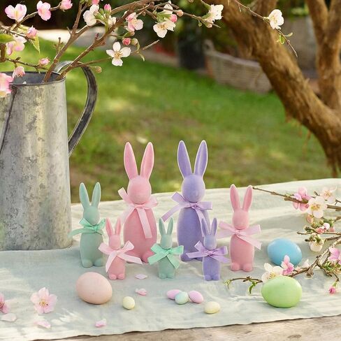 7 Pcs Pastel Easter Bunny Flocked Resin Figurines Set, 3 Sizes Pastel Flocked Rabbits Spring Table Decorations for Tiered Tray, Shelf, Home Easter Decor (Multicolor) in Saudi Arabia