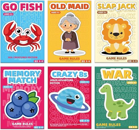 Kids Card Games Pack, 6 Decks, Go Fish, Old Maid, Crazy Eights, Memory Match, Slap Jack, War, Playing Cards, Family Party Table Games in Saudi Arabia