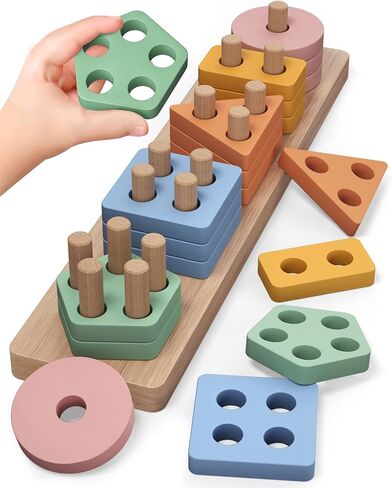 Montessori Toys for 1 2 Year Old Boy Girl, Toddler Toys Wooden Shape Sorter | Birthday Gifts for Age 12-18 Month, Baby Sorting Stacking Toys Color Stack Blocks Puzzles, Preschool Kids Learning Toys Game in Kuwait