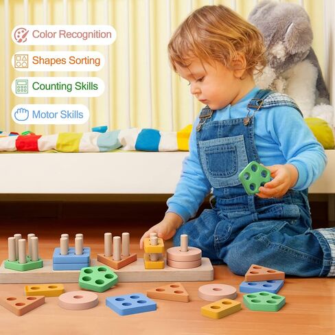 Montessori Toys for 1 2 Year Old Boy Girl, Toddler Toys Wooden Shape Sorter | Birthday Gifts for Age 12-18 Month, Baby Sorting Stacking Toys Color Stack Blocks Puzzles, Preschool Kids Learning Toys Game in Kuwait