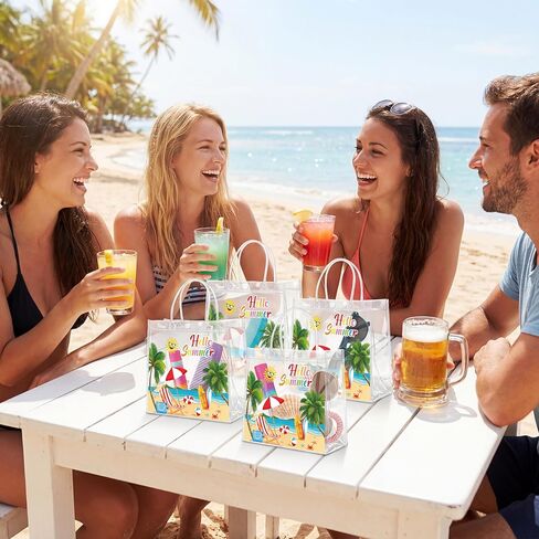 Renbuzhu 25PCS Summer Gift Bags Bulk 8 x 8 x 3Inches: Clear PVC Transparent Bag Waterproof Tote with Handles Beach Pool Birthday Tropical Party Supplies in Saudi Arabia