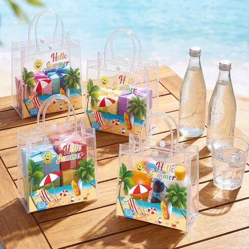 Renbuzhu 25PCS Summer Gift Bags Bulk 8 x 8 x 3Inches: Clear PVC Transparent Bag Waterproof Tote with Handles Beach Pool Birthday Tropical Party Supplies in Saudi Arabia