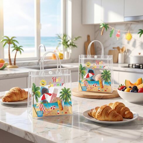 Renbuzhu 25PCS Summer Gift Bags Bulk 8 x 8 x 3Inches: Clear PVC Transparent Bag Waterproof Tote with Handles Beach Pool Birthday Tropical Party Supplies in Saudi Arabia