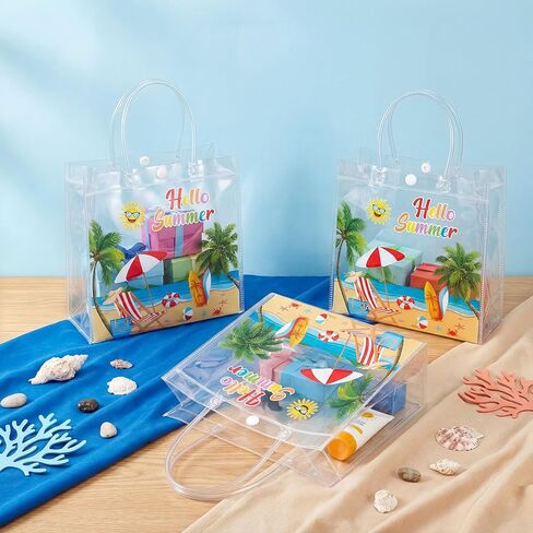 Renbuzhu 25PCS Summer Gift Bags Bulk 8 x 8 x 3Inches: Clear PVC Transparent Bag Waterproof Tote with Handles Beach Pool Birthday Tropical Party Supplies in Saudi Arabia
