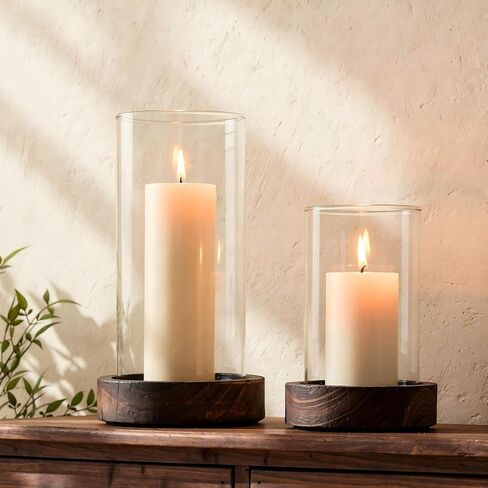 Set of 2 Hurricane Candle Holders with Wood Base & Glass Cylinder (4.2x5.9" & 4.6x7.8") – Rustic Wooden Candle Holders for Home Decor, Weddings, Table Centerpieces (2, Brown) in Saudi Arabia