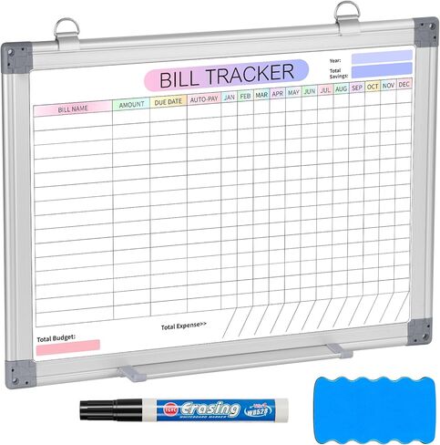 Bill Planner Dry Erase Whiteboard with Silver Aluminium Frame for Wall 12" x 16"Hanging Removable Bill Payment Tracker Calendar Chart Monthly Bill Organizer & Planner for Personal Budgeting Financial in Saudi Arabia