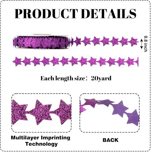 Purple Star Ribbon for Homecoming Mum Supplies 3D Embossed Glitter Trim 0.8 Inch Spool 20 Yards Sparkly Streamers for Senior Night Crafts Gift Wrapping Wreath in Saudi Arabia