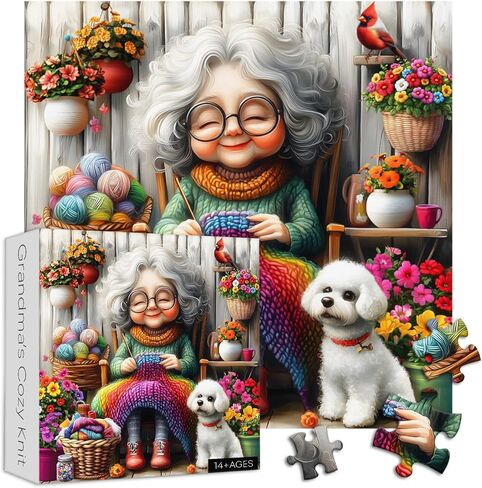 Grandma Puzzles for Adults 1000 Piece, Larkipuzz Old Woman Puzzle Dog Cardinal, Hard Impossible Floral Plant Art Theme as Wall Decor in Kuwait