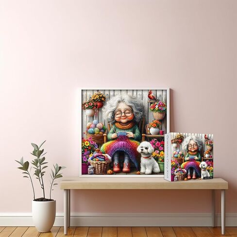 Grandma Puzzles for Adults 1000 Piece, Larkipuzz Old Woman Puzzle Dog Cardinal, Hard Impossible Floral Plant Art Theme as Wall Decor in Kuwait