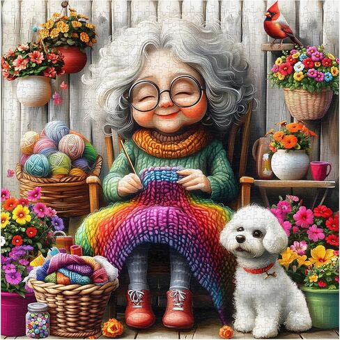Grandma Puzzles for Adults 1000 Piece, Larkipuzz Old Woman Puzzle Dog Cardinal, Hard Impossible Floral Plant Art Theme as Wall Decor in Kuwait