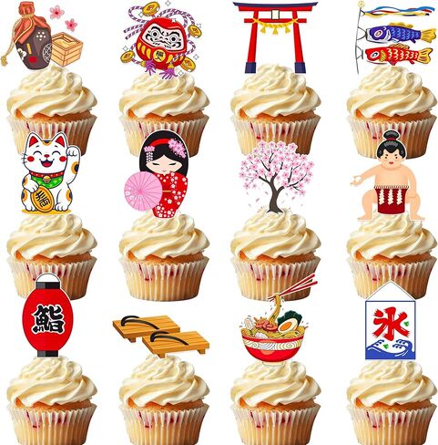 Japanese Themed Cupcake Toppers, 48Pcs Assorted Japan Style Cake Decorations with Sushi, Maneki Neko, Asian Party Supplies for Japanese Birthday, Sushi Night, Sakura Festival in Saudi Arabia