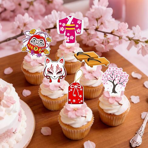 Japanese Themed Cupcake Toppers, 48Pcs Assorted Japan Style Cake Decorations with Sushi, Maneki Neko, Asian Party Supplies for Japanese Birthday, Sushi Night, Sakura Festival in Saudi Arabia