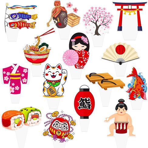 Japanese Themed Cupcake Toppers, 48Pcs Assorted Japan Style Cake Decorations with Sushi, Maneki Neko, Asian Party Supplies for Japanese Birthday, Sushi Night, Sakura Festival in Saudi Arabia