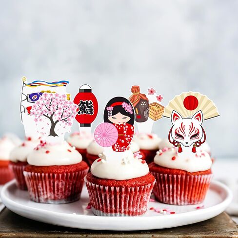 Japanese Themed Cupcake Toppers, 48Pcs Assorted Japan Style Cake Decorations with Sushi, Maneki Neko, Asian Party Supplies for Japanese Birthday, Sushi Night, Sakura Festival in Saudi Arabia