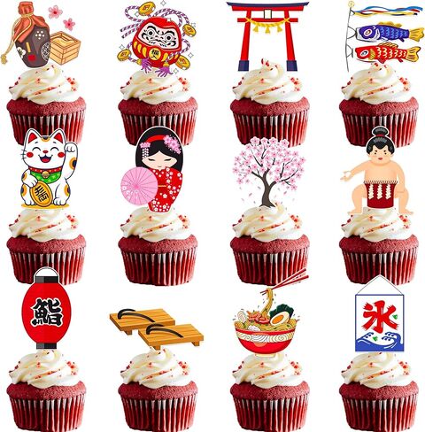 Japanese Themed Cupcake Toppers, 48Pcs Assorted Japan Style Cake Decorations with Sushi, Maneki Neko, Asian Party Supplies for Japanese Birthday, Sushi Night, Sakura Festival in Saudi Arabia