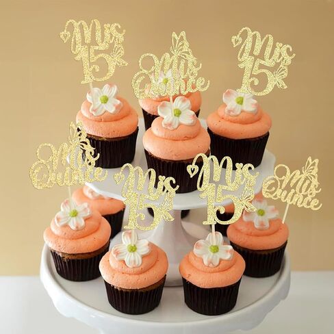 12Pcs Mis Quince Cupcake Toppers - Gold Glitter 'Mis 15' Butterfly Cupcake Decorations for 15th Birthday Theme Party Supplies in Saudi Arabia