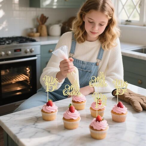 12Pcs Mis Quince Cupcake Toppers - Gold Glitter 'Mis 15' Butterfly Cupcake Decorations for 15th Birthday Theme Party Supplies in Saudi Arabia