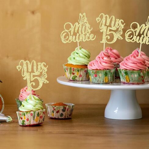 12Pcs Mis Quince Cupcake Toppers - Gold Glitter 'Mis 15' Butterfly Cupcake Decorations for 15th Birthday Theme Party Supplies in Saudi Arabia