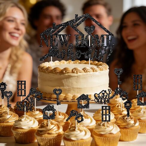 Housewarming Party Decorations, 25PCS Black Glitter New Home Cake Topper with Cupcake Toppers for House Warming or Welcome Home Party in Saudi Arabia