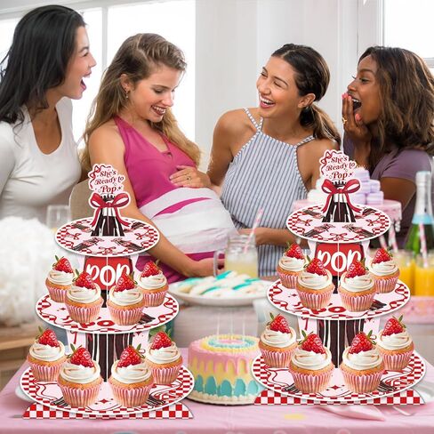 3 Tier Cupcake Stand for She's Ready to Pop Baby Shower Decorations - Red Soda Themed Cardboard Cupcake Tower, Reusable Dessert Display Cup Cake Tower Stand for Kids Birthday Party Supplies in Kuwait