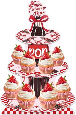 3 Tier Cupcake Stand for She's Ready to Pop Baby Shower Decorations - Red Soda Themed Cardboard Cupcake Tower, Reusable Dessert Display Cup Cake Tower Stand for Kids Birthday Party Supplies in Kuwait