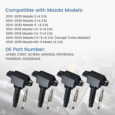 UF656 Ignition Coil Pack and Iridium Spark Plug Compatible with 2012-2020 Mazda 3, Mazda 6, Mazda CX-5 CX-3 MX-5 Miata, Set of 4 Ignition Coils Replace for UF656 93501 in Saudi Arabia