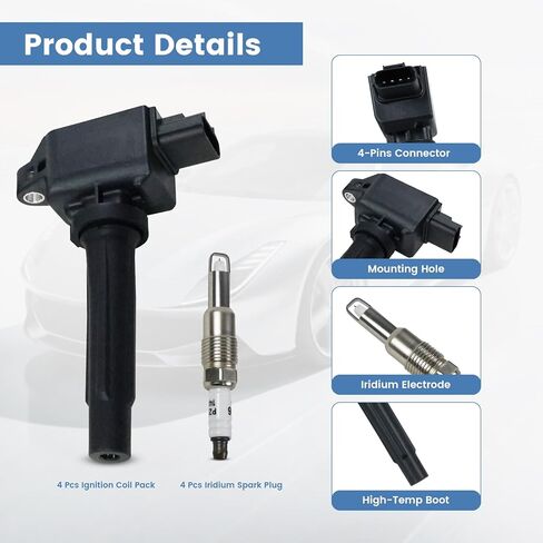 UF656 Ignition Coil Pack and Iridium Spark Plug Compatible with 2012-2020 Mazda 3, Mazda 6, Mazda CX-5 CX-3 MX-5 Miata, Set of 4 Ignition Coils Replace for UF656 93501 in Saudi Arabia