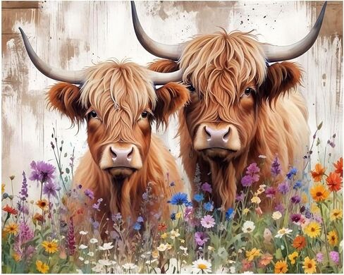 RLTXBUK Farmhouse Floral Highland Cow Paint by Numbers Kit for Adults Beginners Kids 4-12, Rustic Wild Flower Cow Animal DIY Oil Painting Kits on Canvas Framed for Home Kids Room Decor Gifts 20x16 in in Saudi Arabia