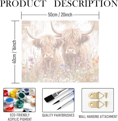 RLTXBUK Farmhouse Floral Highland Cow Paint by Numbers Kit for Adults Beginners Kids 4-12, Rustic Wild Flower Cow Animal DIY Oil Painting Kits on Canvas Framed for Home Kids Room Decor Gifts 20x16 in in Saudi Arabia