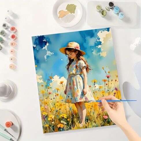 Wildflower Girl Paint by Numbers Kit for Adults - DIY Young Girl in Flower Field Painting on Canvas 16x20In, Acrylic Paint Set, Suitable for Beginners, Art for Home Decoration or Gifts in Kuwait