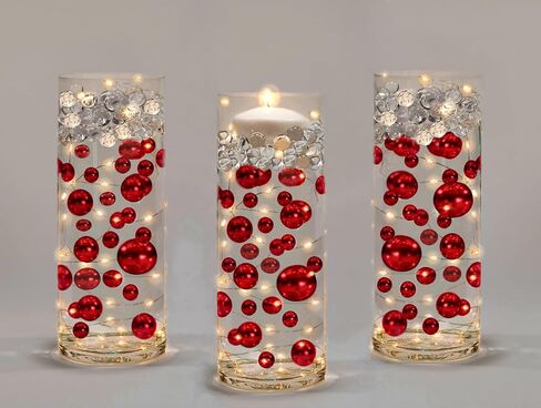 Vase Pearlfection 100 Floating Red Pearls with Matching Sparkling Gems-Jumbo Sizes-Fills 2 Gallons of Transparent Gels for Floating Effect-with Measured Floating Gels Prep Bags for Best Results! in Saudi Arabia