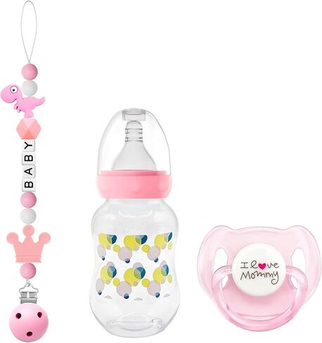 3-Piece Baby Doll Magnetic Pacifier Feeding Set, Realistic Reborn Doll Accessories with Reborn Bottle, Magnetic Doll Pacifier & Cute Animal Pattern Pacifier Clip Pink Pretend Play Toy for Kids Gift in Kuwait