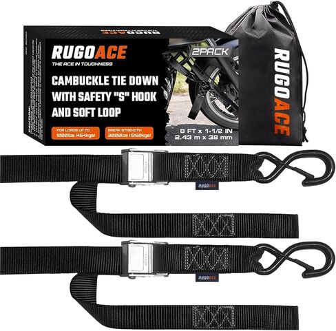 2PK 1.5" x 8FT Motorcycle Tie Down Straps, 3,000lb Break Strength, Heavy Duty Cambuckle, Safety S-Hooks & Soft Loops for Dirt Bike, ATV, UTV, Boat, and Kayak, Durable and Easy to Use, Black in Saudi Arabia
