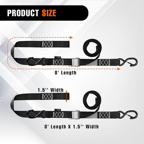 2PK 1.5" x 8FT Motorcycle Tie Down Straps, 3,000lb Break Strength, Heavy Duty Cambuckle, Safety S-Hooks & Soft Loops for Dirt Bike, ATV, UTV, Boat, and Kayak, Durable and Easy to Use, Black in Saudi Arabia