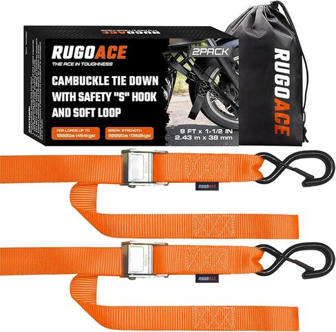 2PK 1.5" x 8FT Motorcycle Tie Down Straps, 3,000lb Break Strength, Heavy Duty Cambuckle, Safety S-Hooks & Soft Loops for Dirt Bike, ATV, UTV, Boat, and Kayak, Durable and Easy to Use, Black in Saudi Arabia