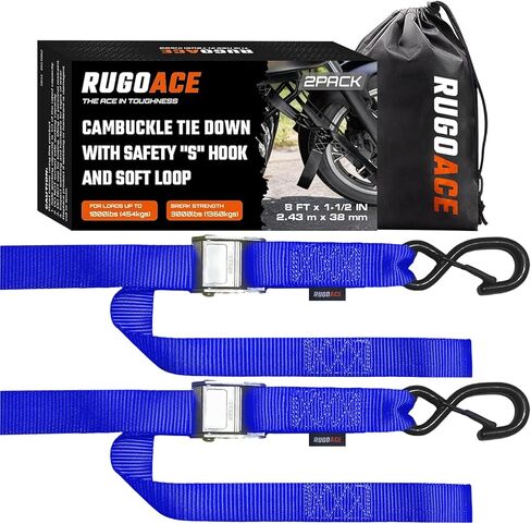 2PK 1.5" x 8FT Motorcycle Tie Down Straps, 3,000lb Break Strength, Heavy Duty Cambuckle, Safety S-Hooks & Soft Loops for Dirt Bike, ATV, UTV, Boat, and Kayak, Durable and Easy to Use, Black in Saudi Arabia