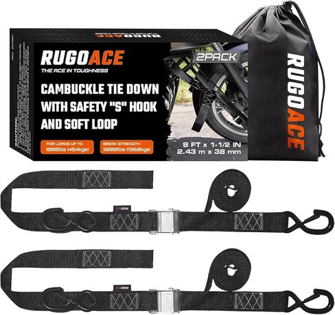 2PK 1.5" x 8FT Motorcycle Tie Down Straps, 3,000lb Break Strength, Heavy Duty Cambuckle, Safety S-Hooks & Soft Loops for Dirt Bike, ATV, UTV, Boat, and Kayak, Durable and Easy to Use, Black in Saudi Arabia