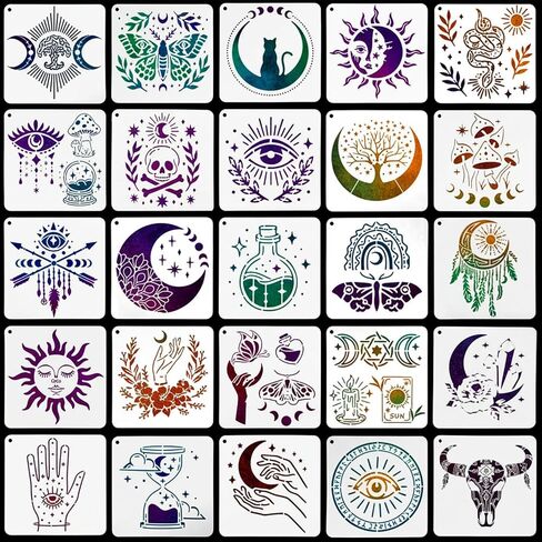 25 Pcs Stencils for Crafts Reusable, 6" Sun Moon Tarot Mandala Stencil, Mandala Tree of Life Art Stencils for Painting Wood Wall Furniture Decor Gift Art in Kuwait