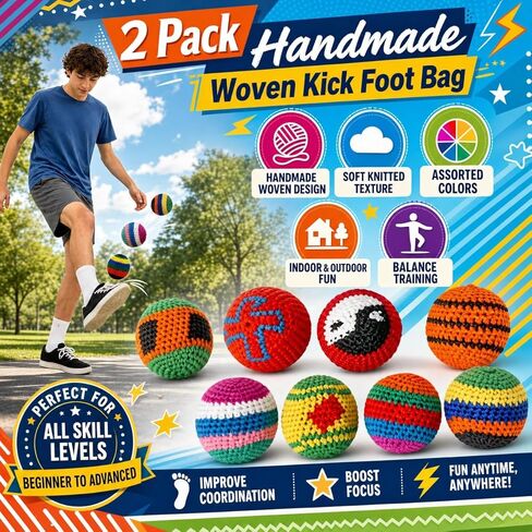 2 Pack Footbag for Adults, Handmade Woven Kick Foot Bag, Soft Knitted Juggling Foot Bag for Balance Training, Indoor Outdoor Group Play, Assorted Colors Sent Randomly in Kuwait