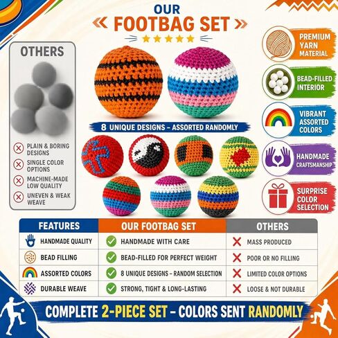 2 Pack Footbag for Adults, Handmade Woven Kick Foot Bag, Soft Knitted Juggling Foot Bag for Balance Training, Indoor Outdoor Group Play, Assorted Colors Sent Randomly in Kuwait