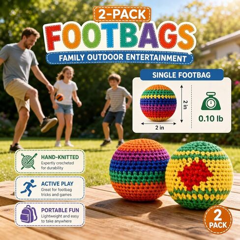 2 Pack Footbag for Adults, Handmade Woven Kick Foot Bag, Soft Knitted Juggling Foot Bag for Balance Training, Indoor Outdoor Group Play, Assorted Colors Sent Randomly in Kuwait