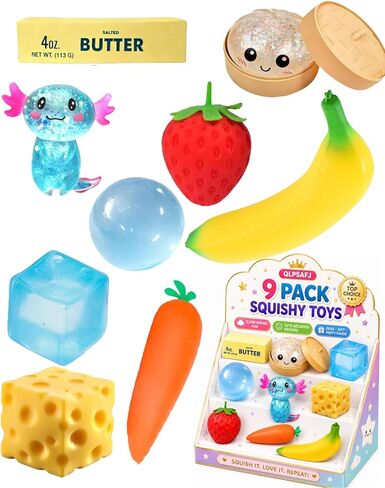 9 Pack Squishy Squeeze Toys Set Slow Rising Squishies Classic Slow-Rise Packs of Strawberry Dumpling Banana Butter Cheese Coconut Oil Different Designs Sugar Stretchy Desk Office Daily Use in Kuwait