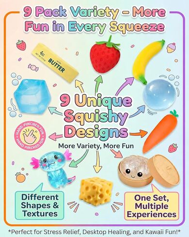 9 Pack Squishy Squeeze Toys Set Slow Rising Squishies Classic Slow-Rise Packs of Strawberry Dumpling Banana Butter Cheese Coconut Oil Different Designs Sugar Stretchy Desk Office Daily Use in Kuwait