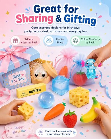 9 Pack Squishy Squeeze Toys Set Slow Rising Squishies Classic Slow-Rise Packs of Strawberry Dumpling Banana Butter Cheese Coconut Oil Different Designs Sugar Stretchy Desk Office Daily Use in Kuwait