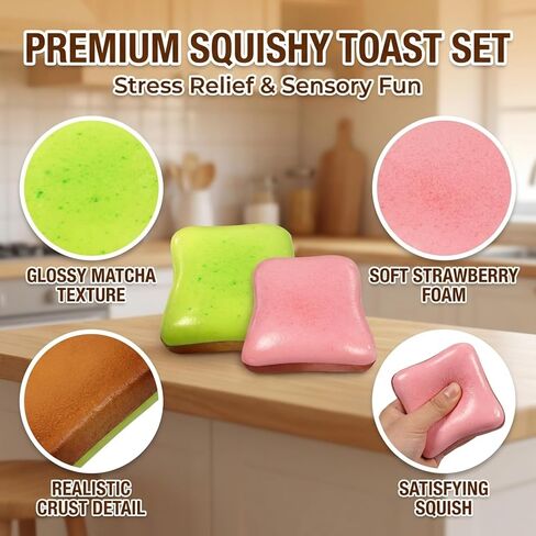 Squeeze Toys, Stress Relief and Focus Enhancement Fidget Toys, Strawberry Matcha Bread Toast Squeeze Toys for Desk Decor and Gift Giving, Office and Study Stress Management Fidget Toys (Green+Pink) in Saudi Arabia