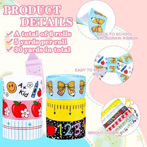 الحوت 6 لفات العودة إلى المدرسة أشرطة Grosgrain 7/8 "30 ياردة النسيج الحرفية الشريط تكوين دفتر حاكم قلم رصاص القوس التفاح الشريط لإكليل القوس هدية التفاف ديكور الحفلات in Kuwait