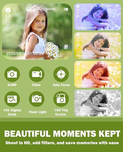 Kids Digital Camera 64MP 1080P 2.4" Flip Screen 32GB SD Card Camera for Kids Girls Toys 3-12 Year Old Girl Gifts in Saudi Arabia