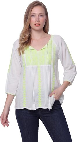 LA CERA 3/4 Sleeve Cotton Embroidered Button Down Tunic Blouse in Saudi Arabia