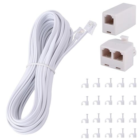 Phone Extension Cord 25 FT Long Phone Cable Line Wire, with Standard RJ11 Plug andIncludes Telephone Inline Coupler RJ11 Splitter and 20 Cable Clip Holders, White in Saudi Arabia