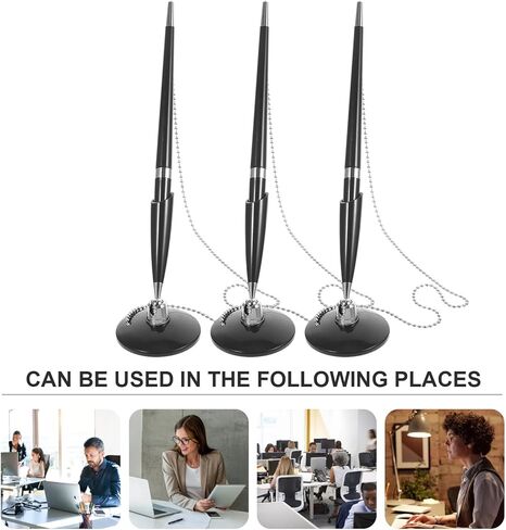 INOOMP 3pcs Black Desktop Ballpoint Signing Pen Set with Fixed Base and Chain, Wear-resistant Office Sign Pen for Business and Desk Use in Saudi Arabia